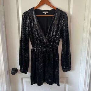 Wild Honey Black Sequin Long Sleeve Wrap Mini Dress